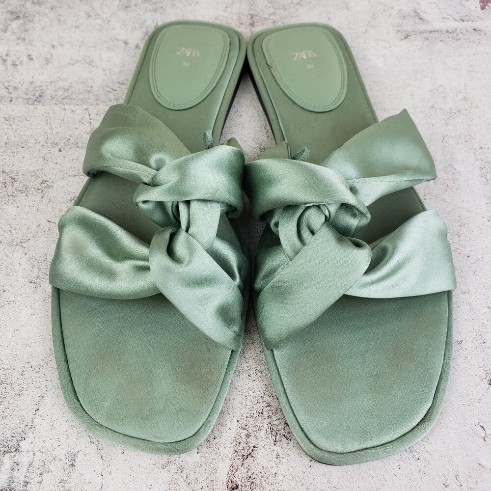 ZARA Knotted Flat Sandals Satin Flip Flops Green Bow Slippers size 39 US 8.5 - Picture 9 of 12